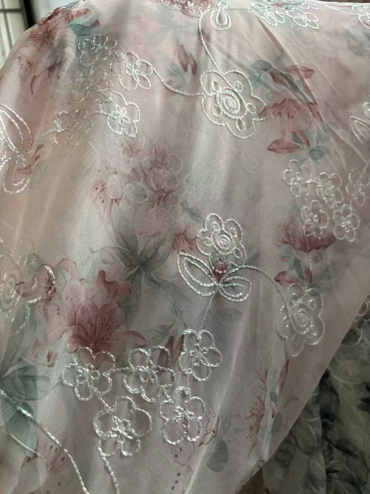 Embroidered organza fabric wholesale sheer mesh lace fabric rolls floral tulle transparent embroidered net fabric bulk supplier for dresses curtains wedding sewing