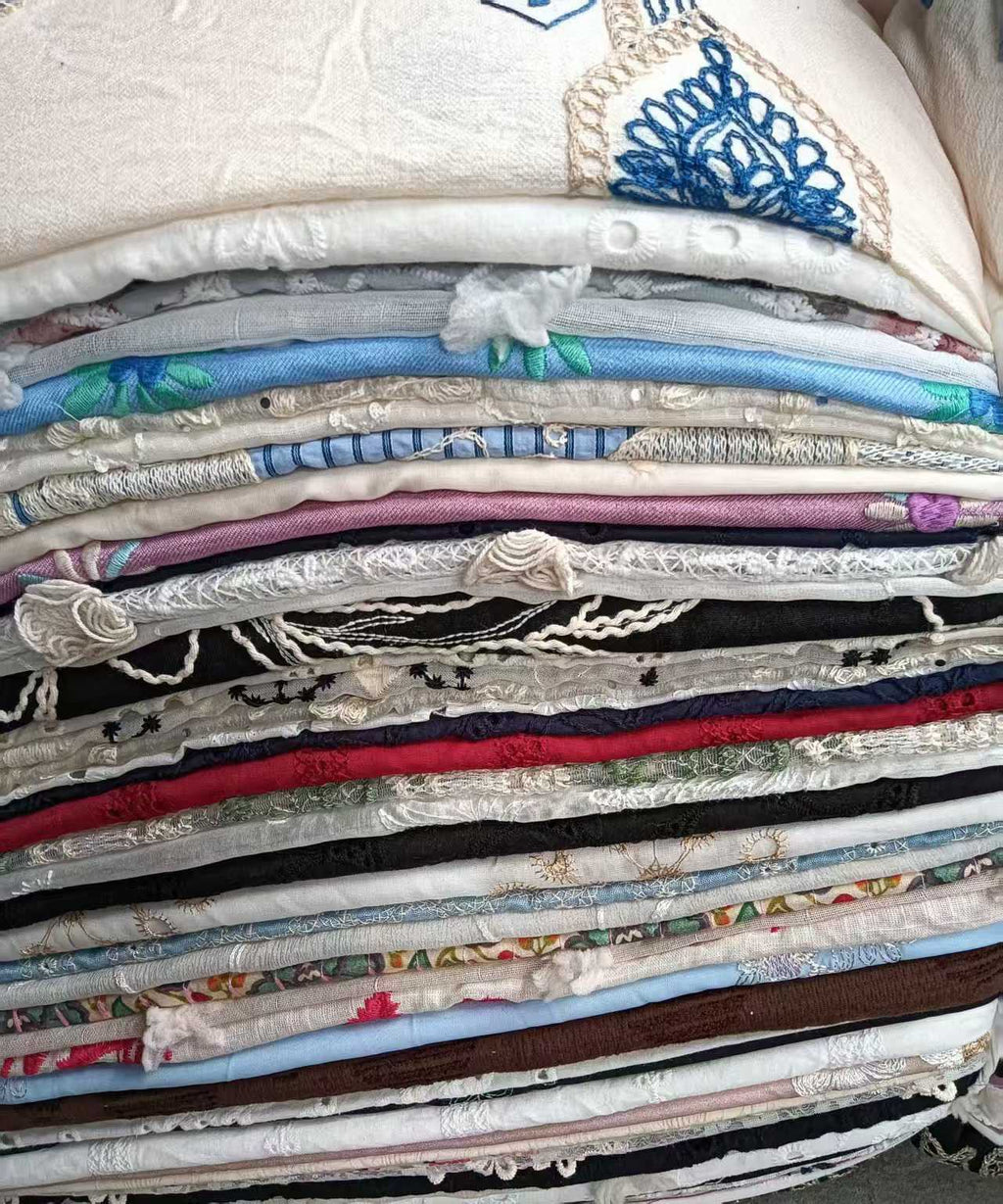 6 Bundles Cotton Embroidery Fabric Scraps | 300lbs Bulk Stock, Mixed Cotton & Chiffon Embroidery Remnants for Sewing, Crafts & Wholesale