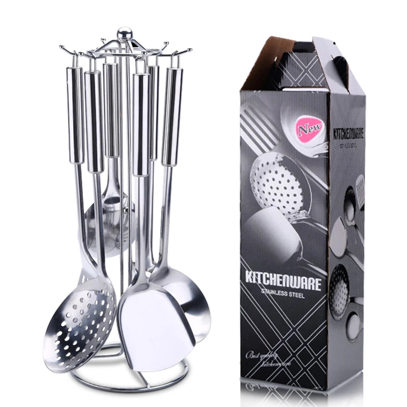 6 Pieces Kictche Cooking Utensil Set Stainless Steel Cookware Set with Organizer Holder Stand Kitchen Cooking Tools