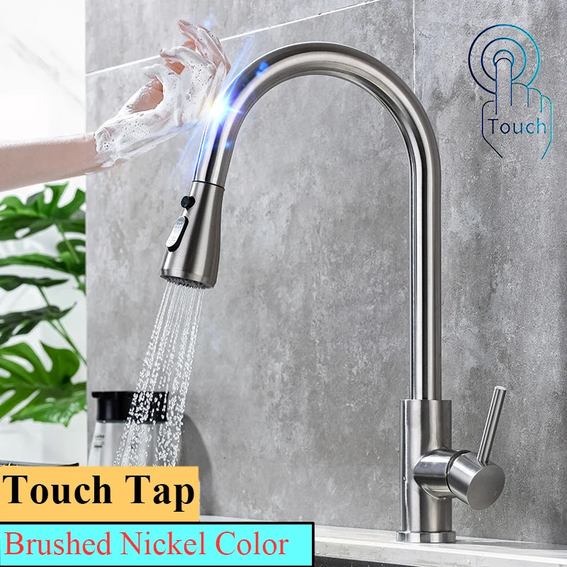 Brushed Nickel Touch on Kitchen Sink Faucets Stainless Steel Hot Cold Kitchen Mixer Tap Sensor Touch Pull Out Kitchen Faucet