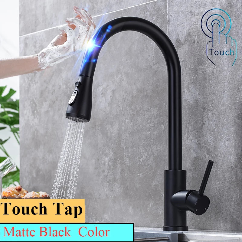Brushed Nickel Touch on Kitchen Sink Faucets Stainless Steel Hot Cold Kitchen Mixer Tap Sensor Touch Pull Out Kitchen Faucet