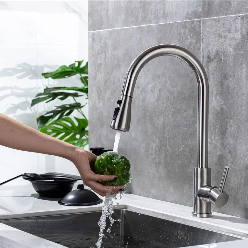 Brushed Nickel Touch on Kitchen Sink Faucets Stainless Steel Hot Cold Kitchen Mixer Tap Sensor Touch Pull Out Kitchen Faucet