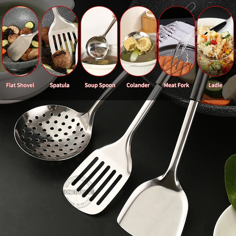 6 Pieces Kictche Cooking Utensil Set Stainless Steel Cookware Set with Organizer Holder Stand Kitchen Cooking Tools