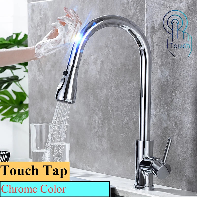 Brushed Nickel Touch on Kitchen Sink Faucets Stainless Steel Hot Cold Kitchen Mixer Tap Sensor Touch Pull Out Kitchen Faucet