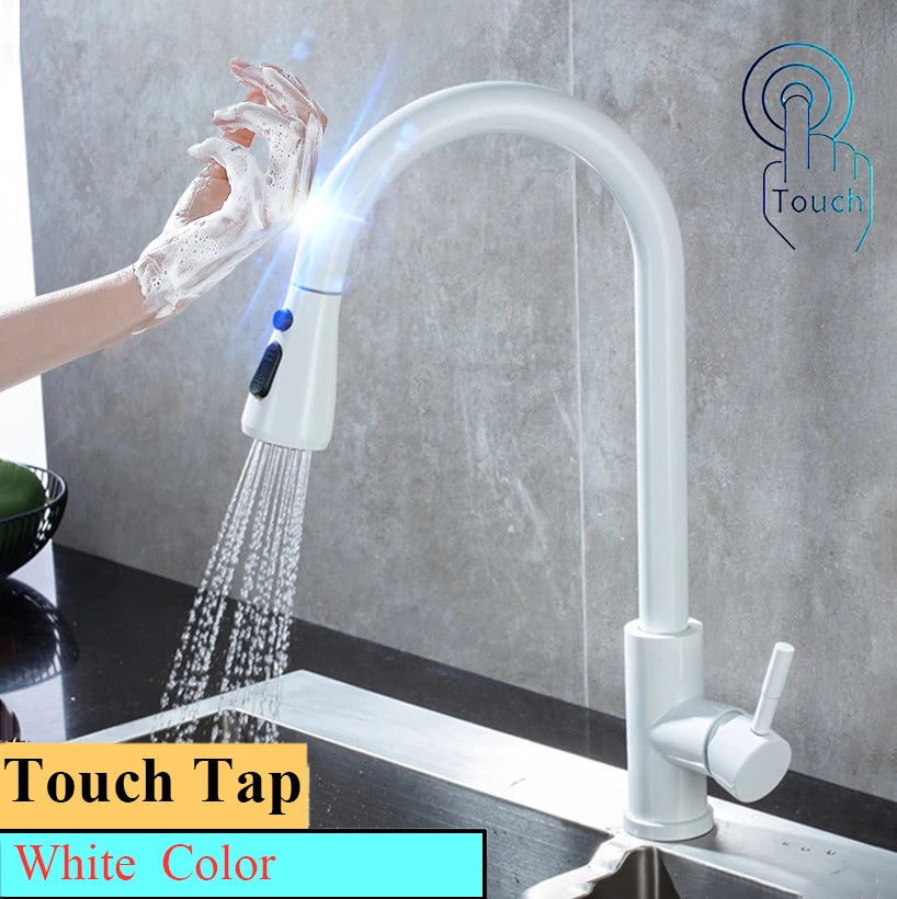 Brushed Nickel Touch on Kitchen Sink Faucets Stainless Steel Hot Cold Kitchen Mixer Tap Sensor Touch Pull Out Kitchen Faucet