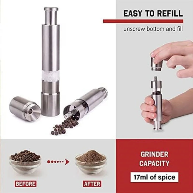 Salt Pepper Grinder Stainless Steel Thumb Push Spice Mill Adjustable Sea Salt Push Button Grinder Seasoning Bottle Kitchen Tools
