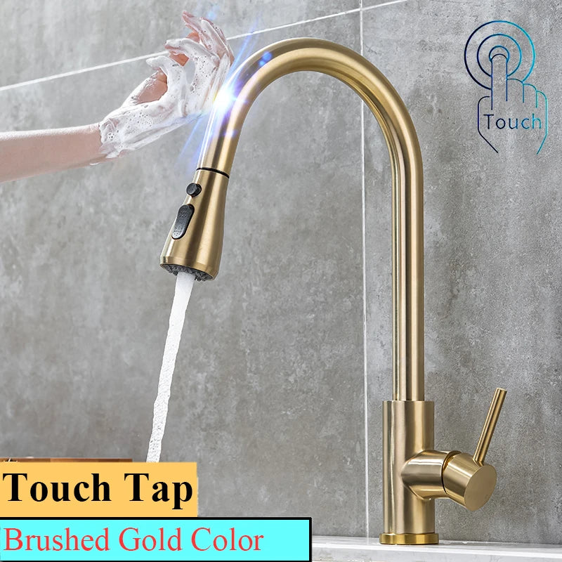 Brushed Nickel Touch on Kitchen Sink Faucets Stainless Steel Hot Cold Kitchen Mixer Tap Sensor Touch Pull Out Kitchen Faucet