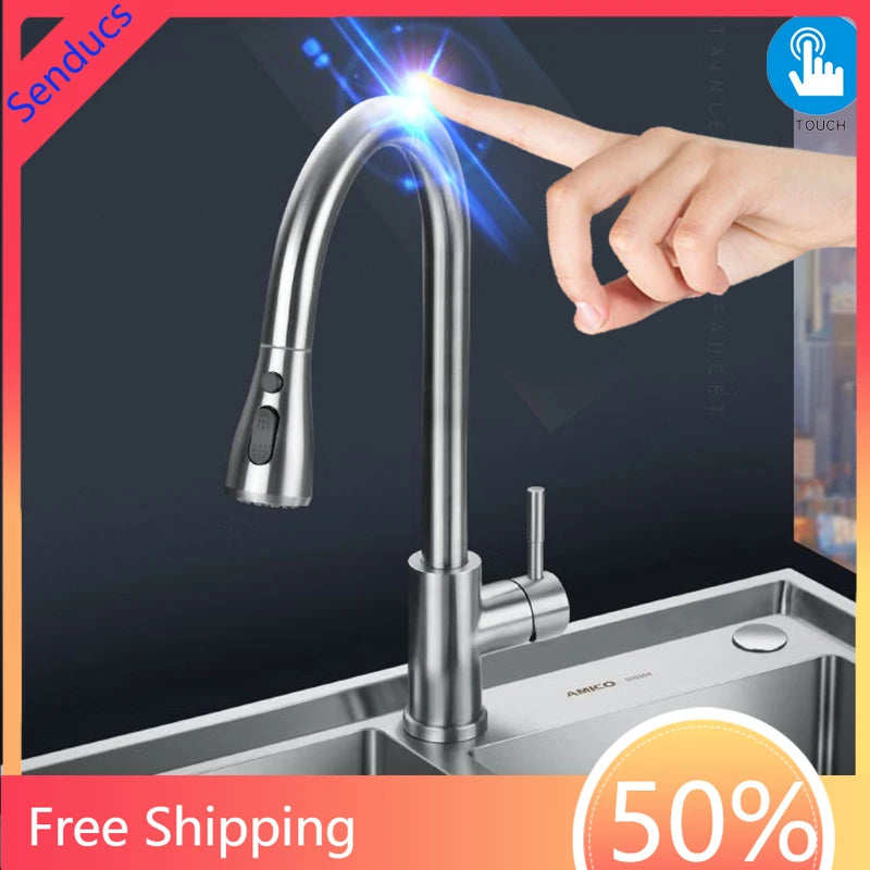 Brushed Nickel Touch on Kitchen Sink Faucets Stainless Steel Hot Cold Kitchen Mixer Tap Sensor Touch Pull Out Kitchen Faucet