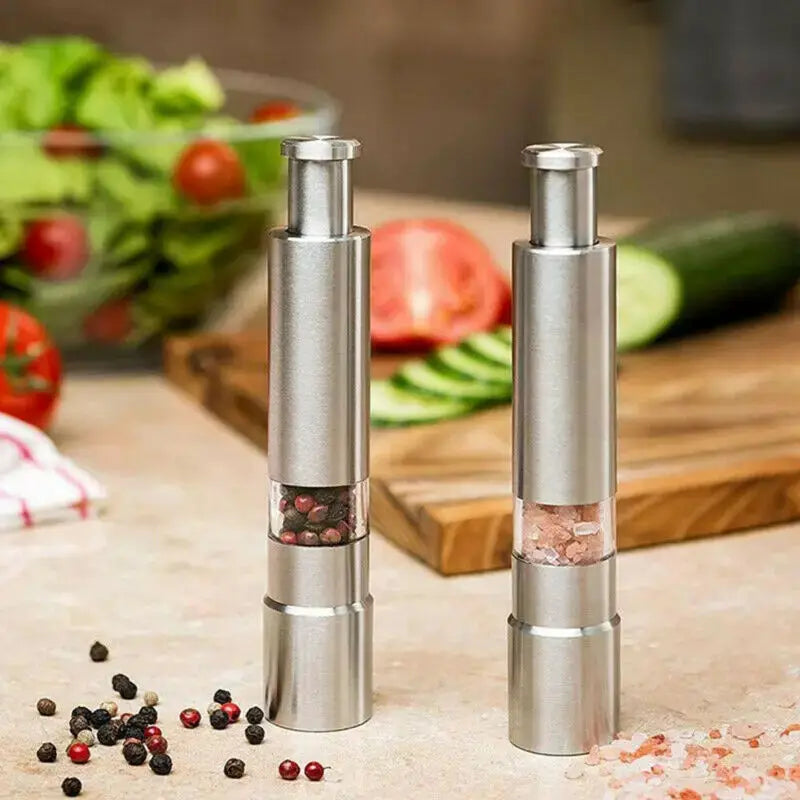 Salt Pepper Grinder Stainless Steel Thumb Push Spice Mill Adjustable Sea Salt Push Button Grinder Seasoning Bottle Kitchen Tools