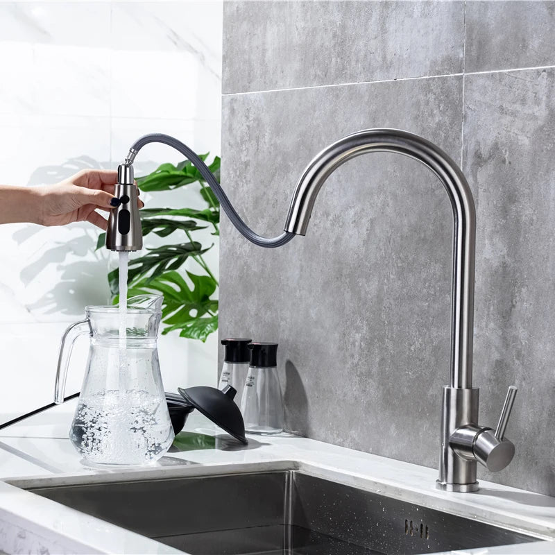 Brushed Nickel Touch on Kitchen Sink Faucets Stainless Steel Hot Cold Kitchen Mixer Tap Sensor Touch Pull Out Kitchen Faucet