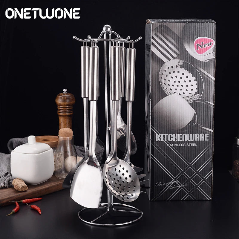 6 Pieces Kictche Cooking Utensil Set Stainless Steel Cookware Set with Organizer Holder Stand Kitchen Cooking Tools